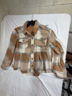 Mystree Plaid Peplum Fringe Jacket Shacket Brown Size M Style 61166
